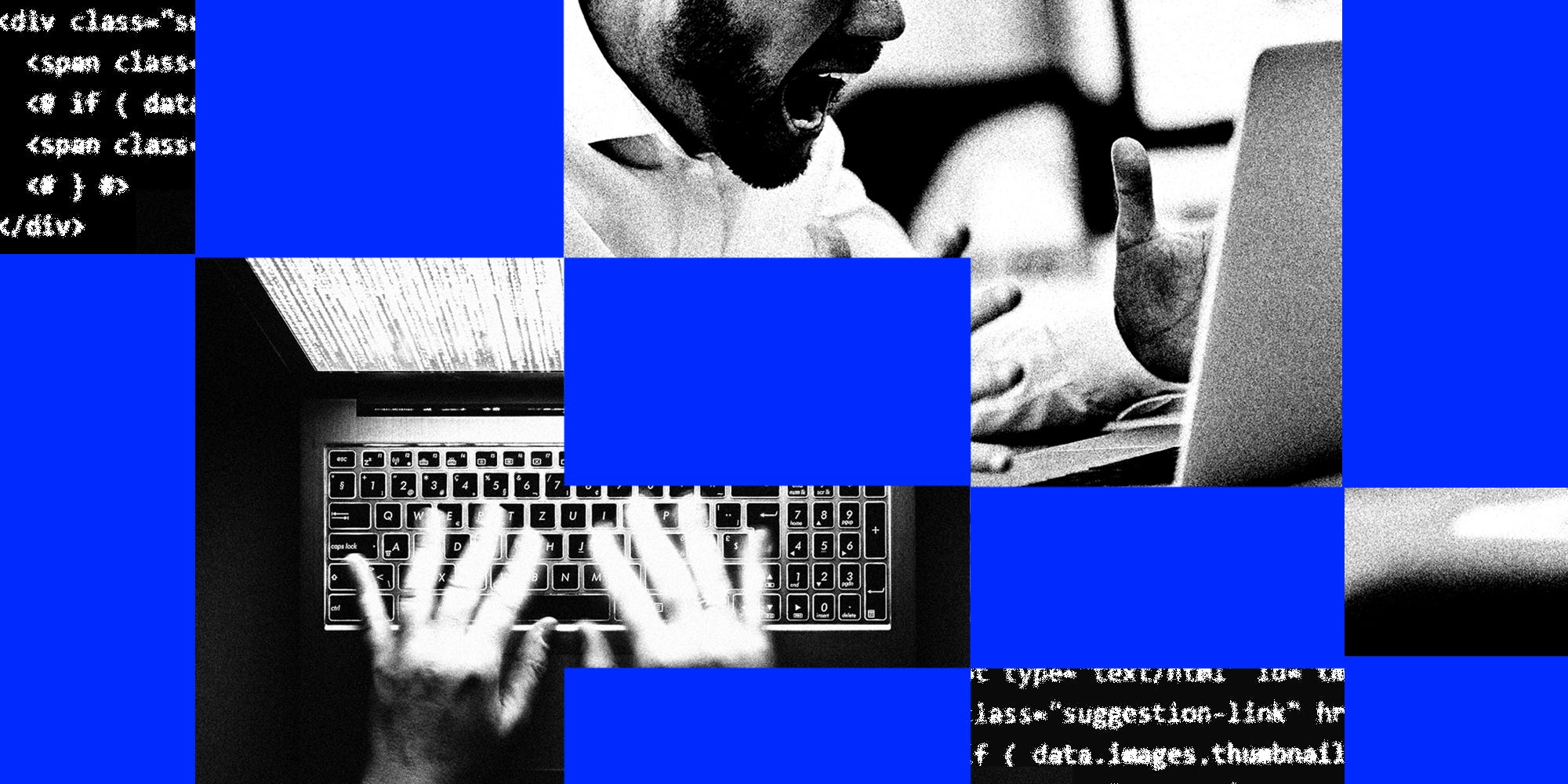 Photo collage of paniced and frustrated tech workers