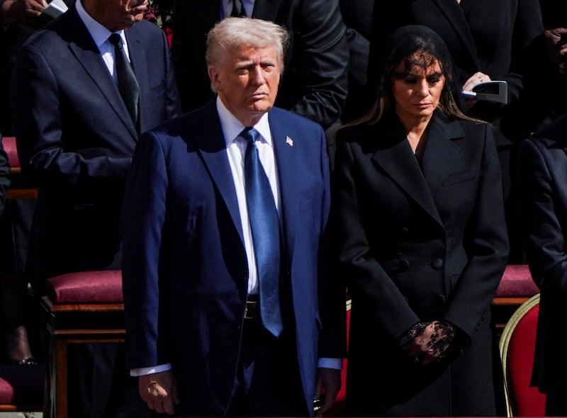 President Donald Trump and first lady Melania Trump attend the funeral Mass of Pope Francis in St. Peter's Square at the Vatican, April 26, 2025.