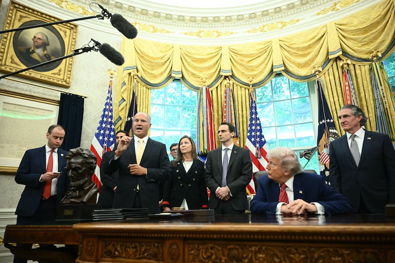 Constellation Energy CEO Joseph Dominguez speaks before President Donald Trump signs executive orders and the president asked if the order addressed regulations on May 23.