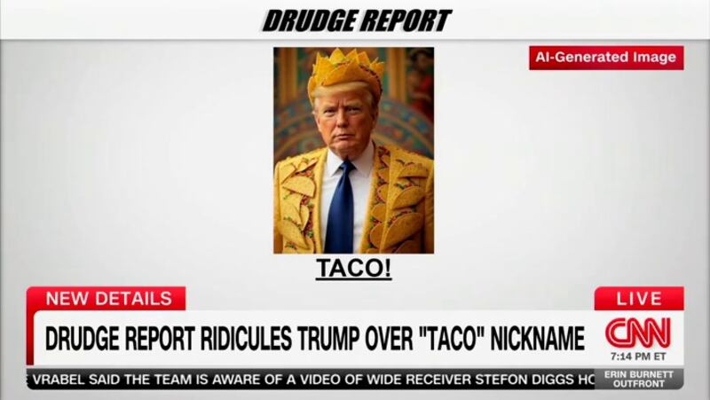 The Drudge Report posted an AI-generated picture of Trump wearing a suit and hat made of taco's on their homepage.