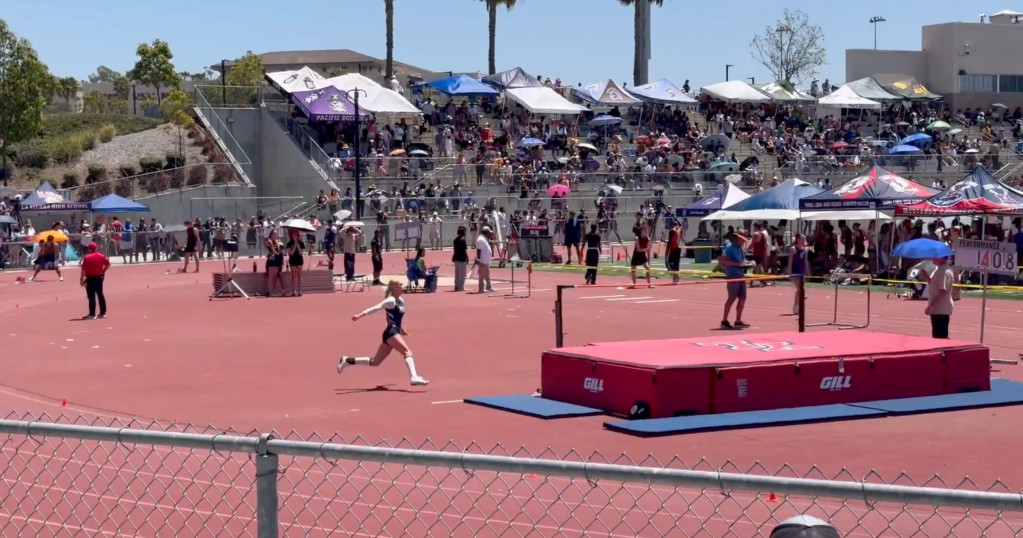 A transgender high school athlete competes in the girls high jump at a recent California high school track and field event.