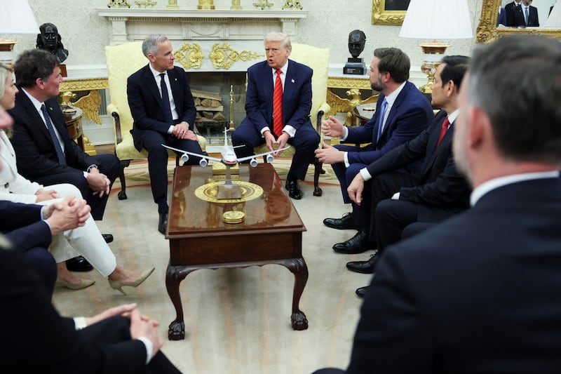 U.S. President Donald Trump and Canadian Prime Minister Mark Carney meet in the Oval Office at the White House in Washington, D.C., U.S.