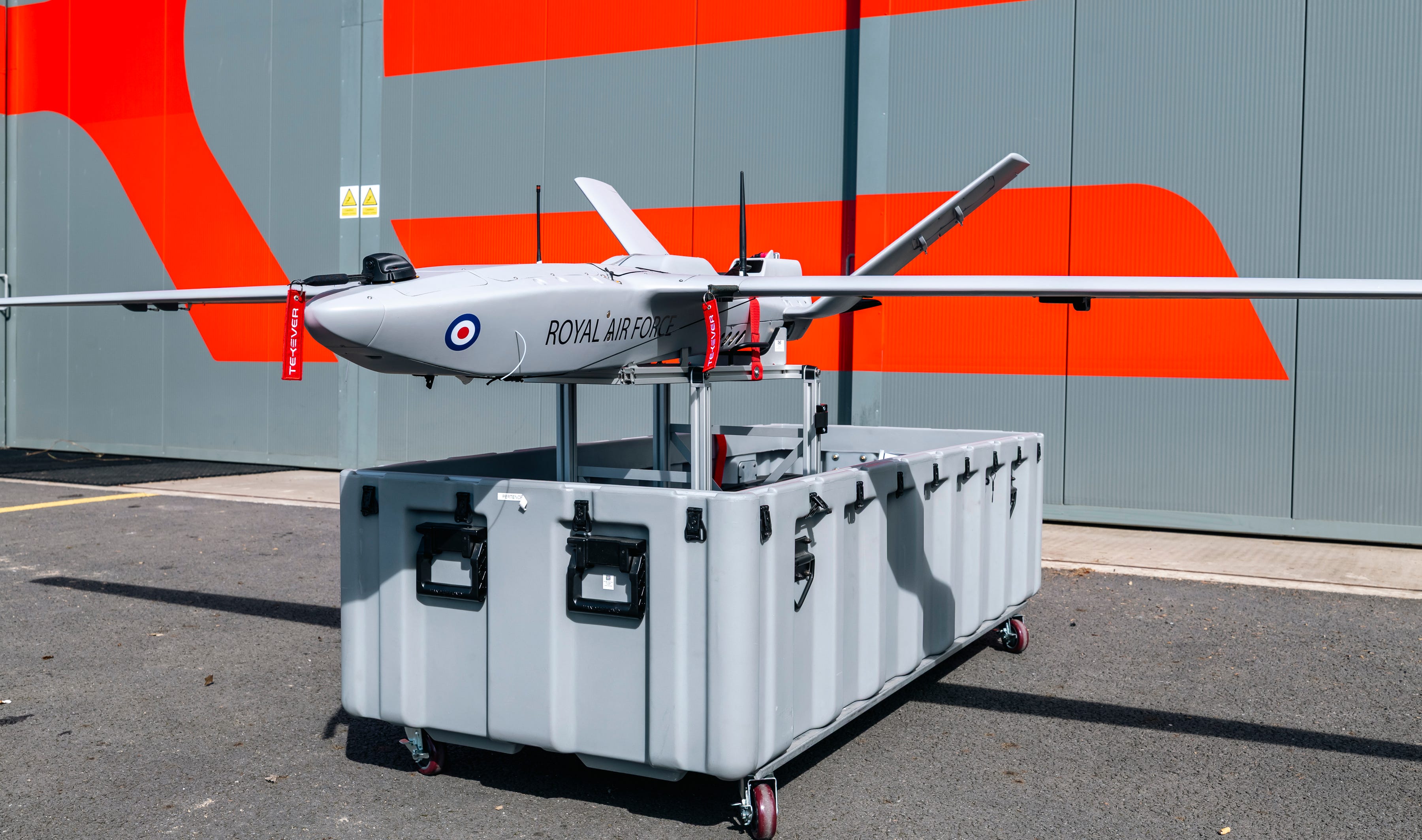 The UK's new StormShroud drone is seen on display.