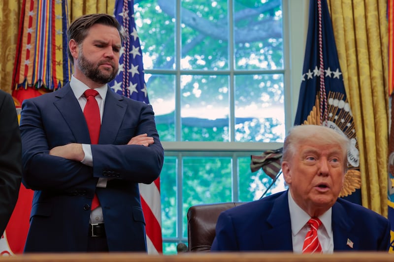 WASHINGTON, DC - MAY 08: U.S. President Donald Trump along with Vice President JD Vance address reporters in the Oval Office at the White House on May 08, 2025 in Washington, DC. During his remarks Trump spoke about his trade deal with the United Kingdom. (Photo by Anna Moneymaker/Getty Images)