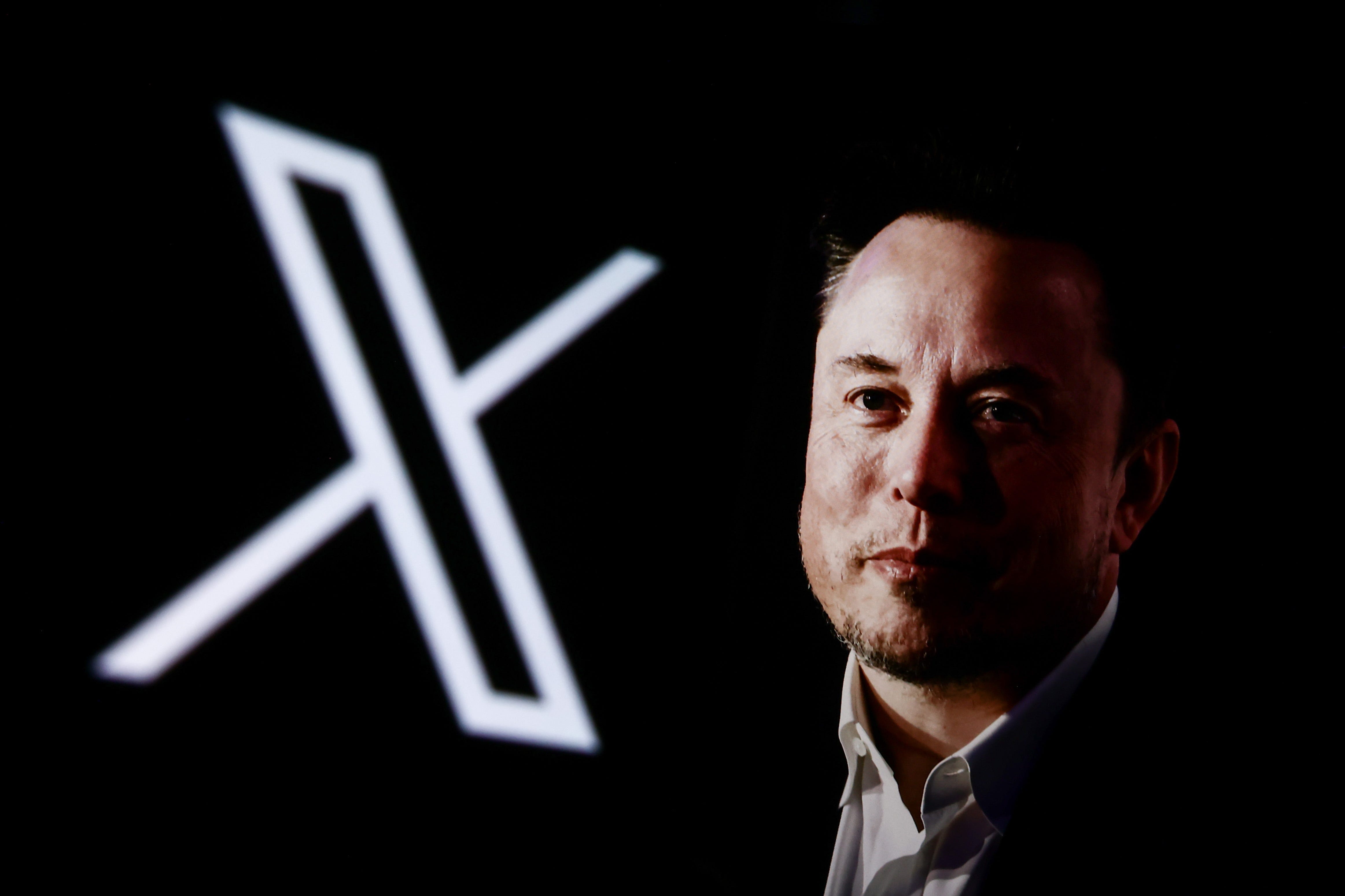 The X logo on the left and a half-lit portrait of Elon Musk.