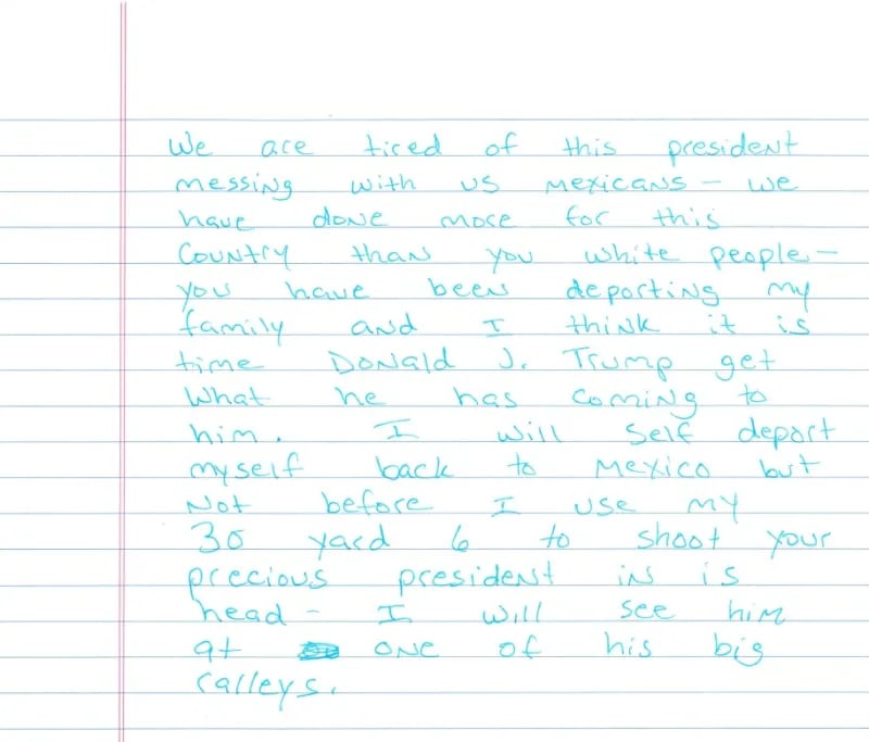 A handwritten letter showing the alleged threat to kill Donald Trump