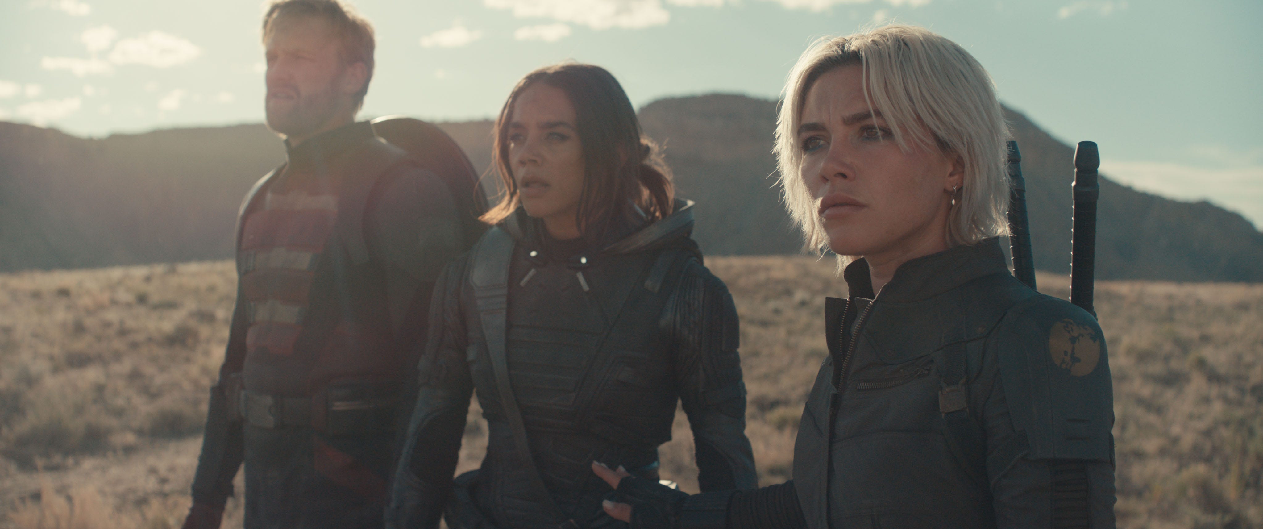 Wyatt Russell as John Walker, Hannah John-Kamen as Ava Starr/Ghost, and Florence Pugh as Yelena Belova in "Thunderbolts*."