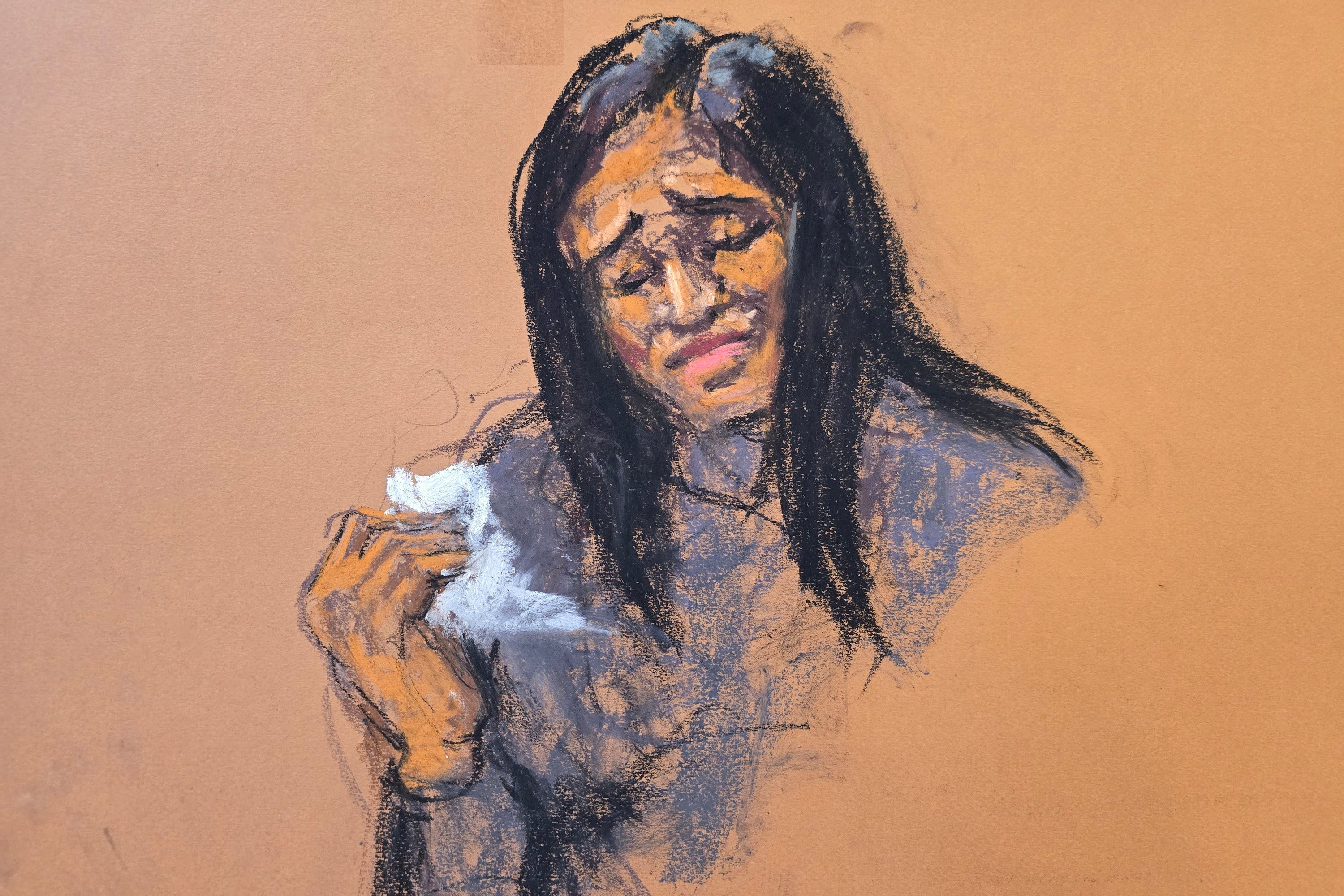 A courtroom sketch shows singer and key prosecution witness Cassie Ventura in tears on the witness stand at the Sean "Diddy" Combs sex-trafficking trial.