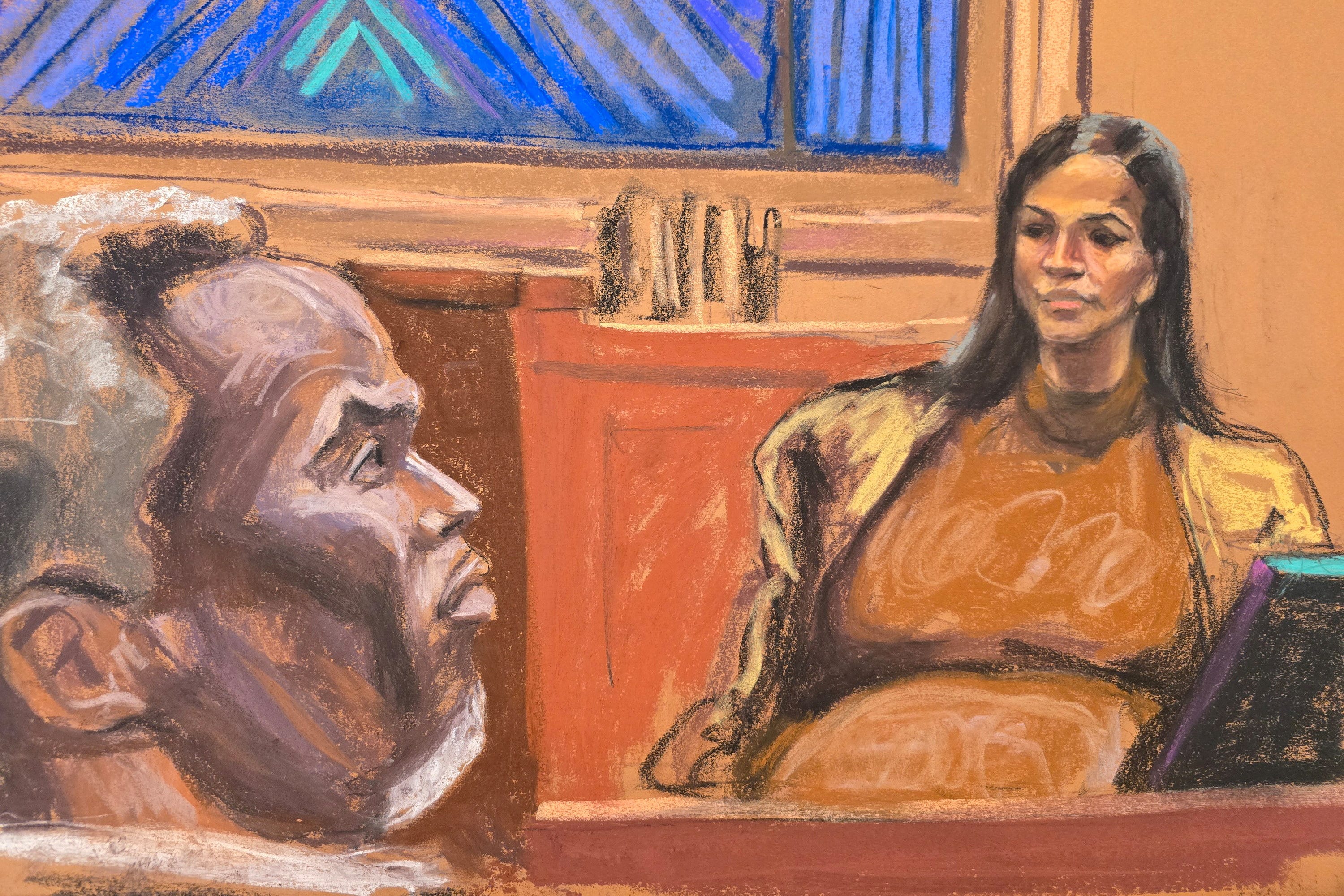 A court sketch depicts Sean "Diddy" Combs facing singer and ex-girlfriend Cassie Ventura, the star prosecution witness at his racketeering and sex-trafficking trial in Manhattan.