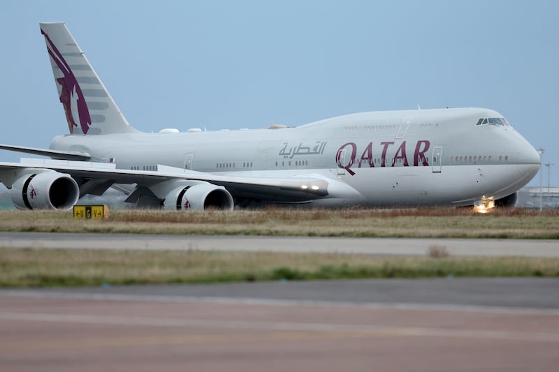 The plane of Qatari Emir Sheikh Tamim bin Hamad al-Thani and his wife Sheikha Jawaher bint Hamad bint Suhaim Al-Thani arrives at Stansted Airport near London, Britain, December 2, 2024.