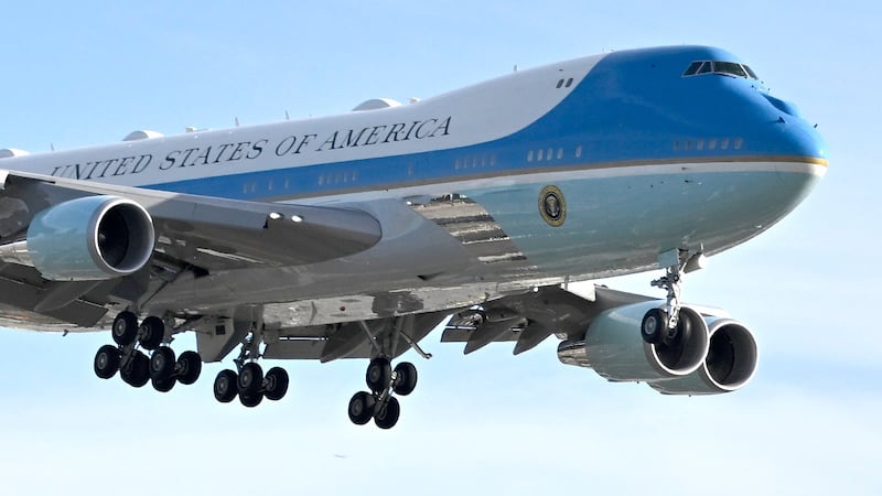 President Donald Trump lands on Air Force One at LAX to visit the Pacific Palisades neighborhood that was destroyed during the Palisades fire in Los Angeles on Friday, January 24, 2025.