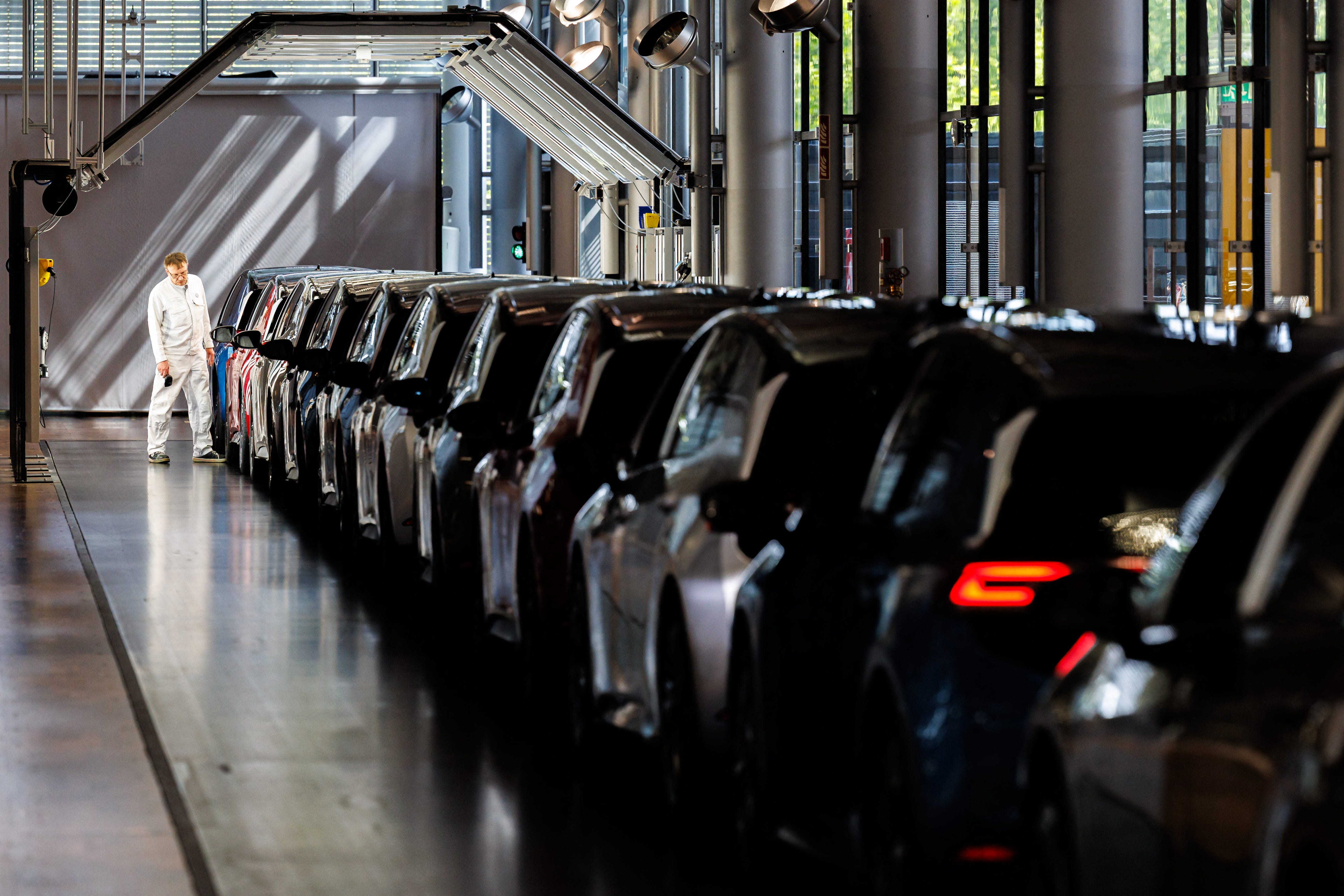 Volkswagen electric cars at a production site in Dresden, eastern Germany, on May 14, 2025.