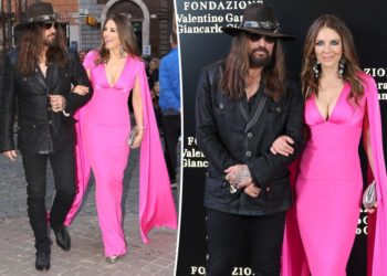Elizabeth Hurley makes red carpet debut with boyfriend Billy Ray Cyrus in vibrant Barbie-pink gown