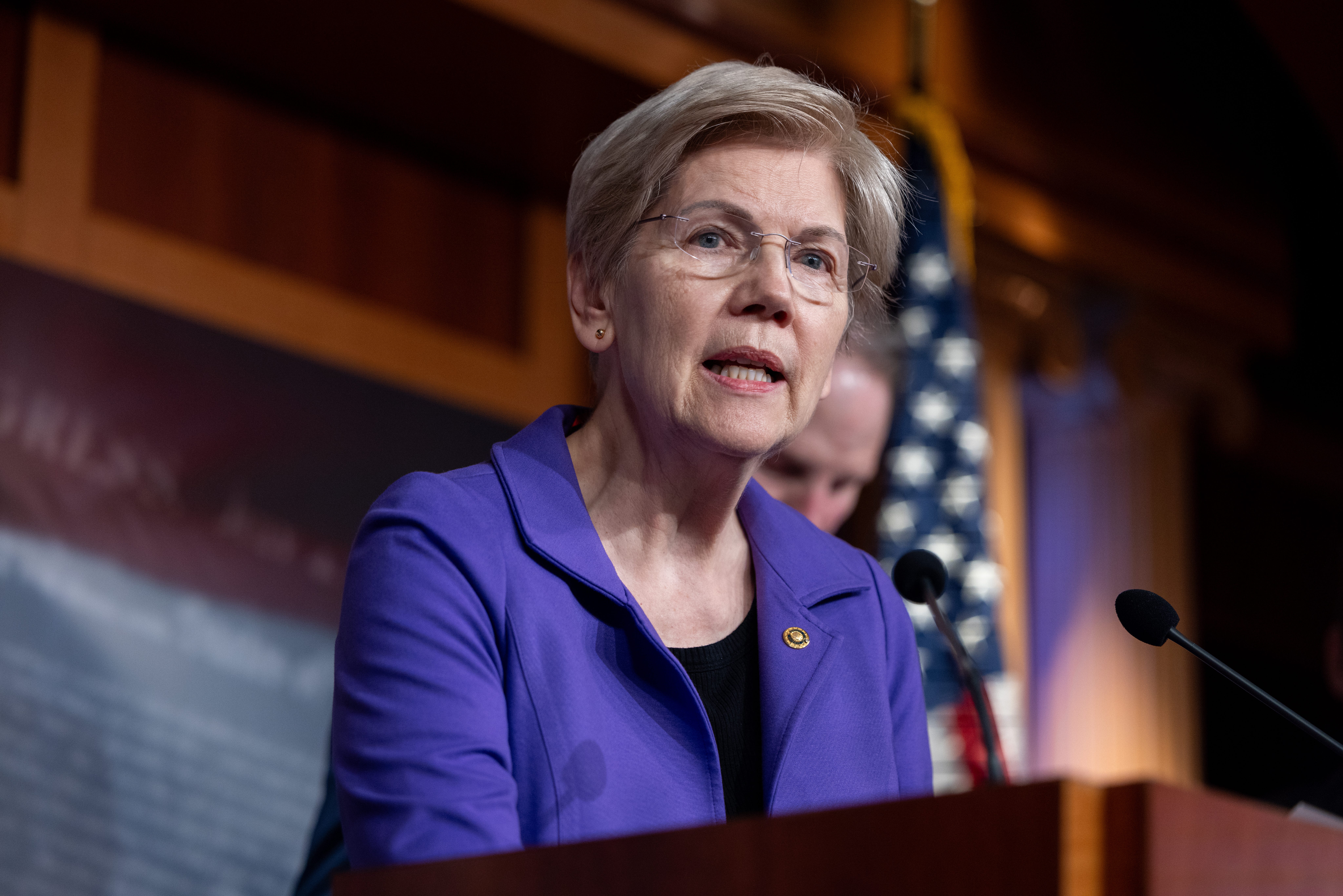 Elizabeth Warren attends press conference about DOGE and Elon Musk in February 2025.