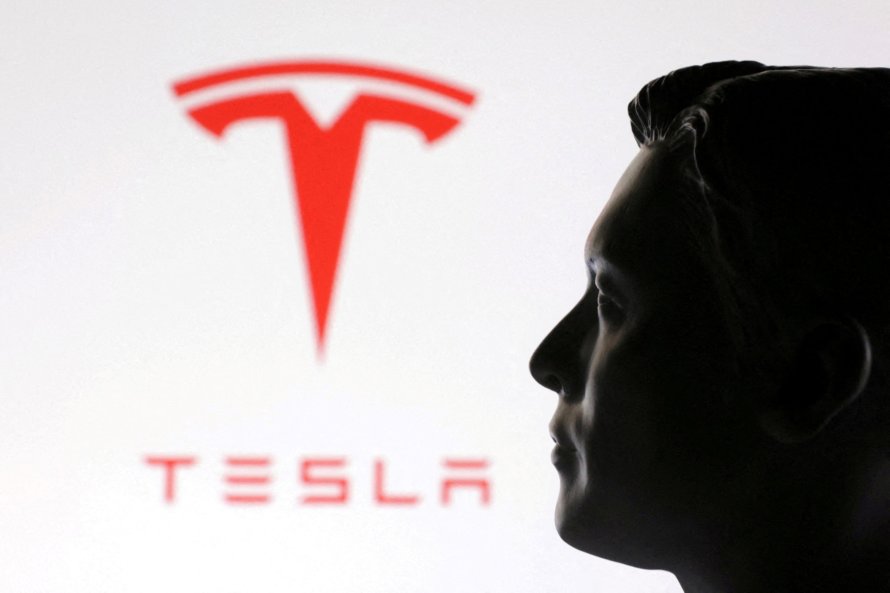 Illustration shows 3D-printed miniature model of Elon Musk and Tesla logo