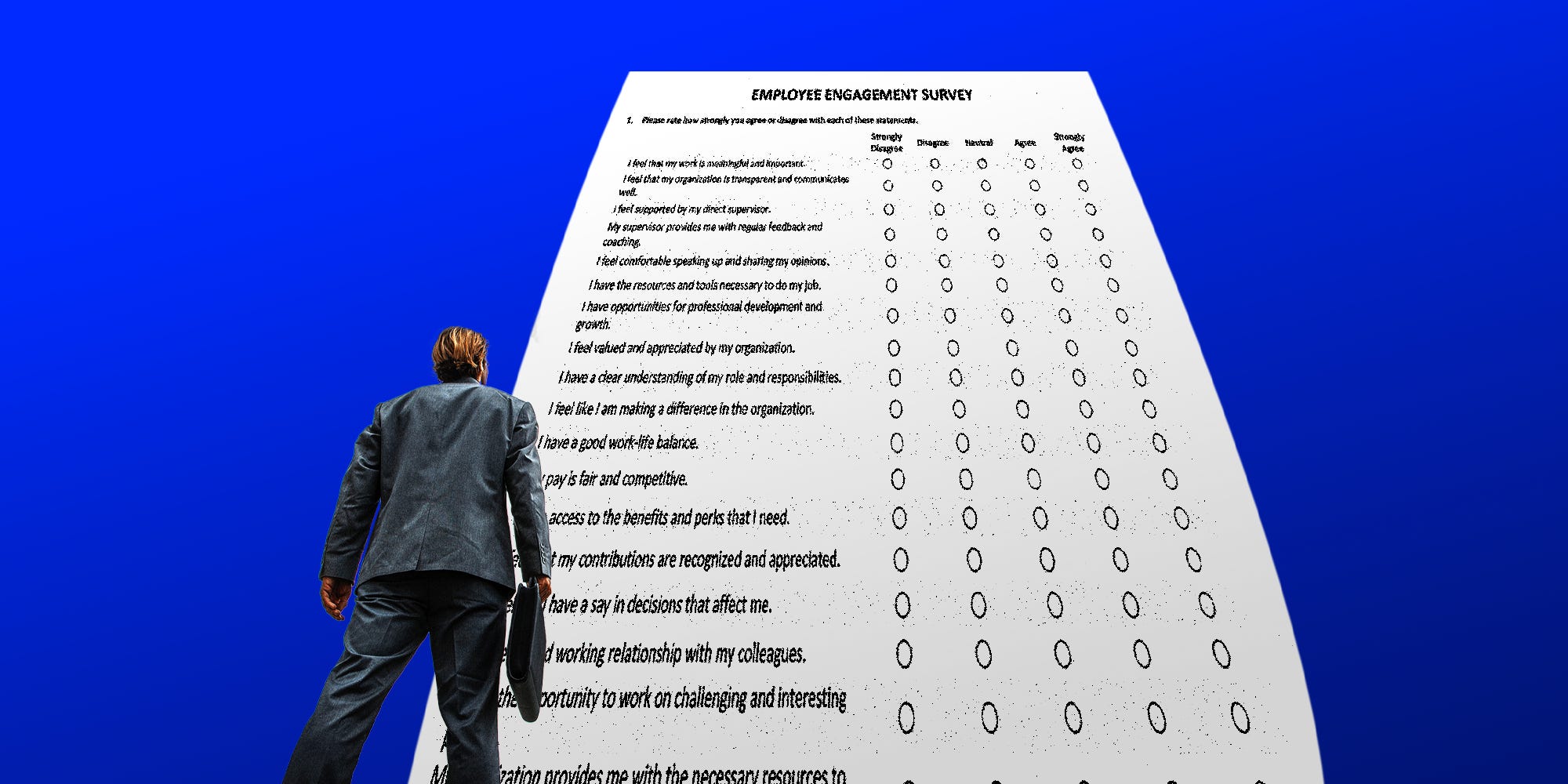 A businessman looking up at a large towering Employee engagement survey