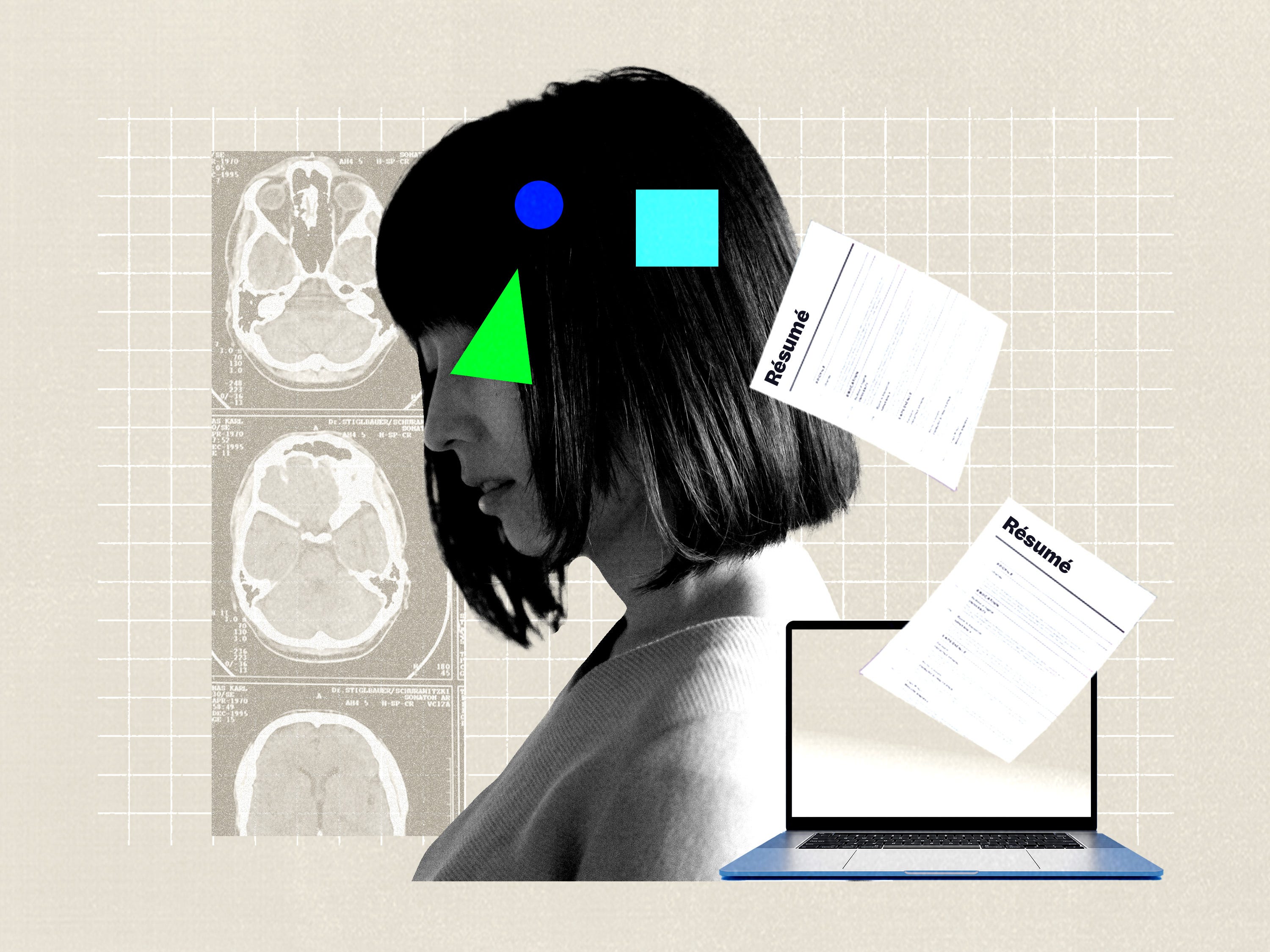 Woman with a brain scan and laptop.