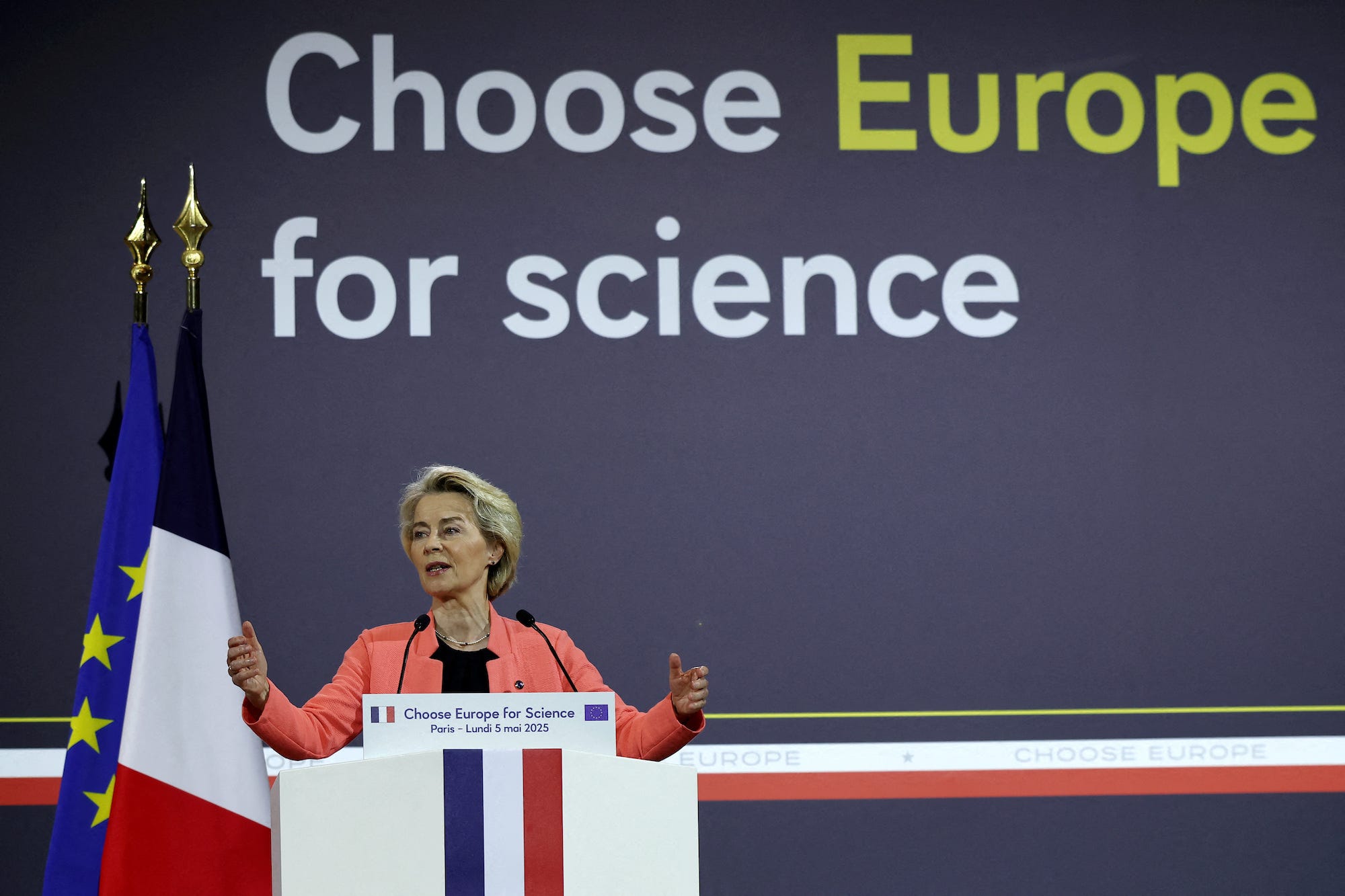 European Commission President Ursula von der Leyen during the "Choose Europe for Science" conference at the Sorbonne University in Paris, on May 5, 2025.