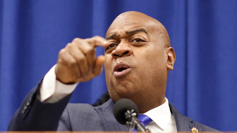 Newark Mayor Ras Baraka speaks at a press conference in Newark, New Jersey, on January 24, 2025, one day after the arrest of migrants by the Immigration and Customs Enforcement (ICE). ICE reportedly arrested migrants at the Ocean Seafood Depot in Newark. (Photo by Kena Betancur / AFP) (Photo by KENA BETANCUR/AFP via Getty Images)