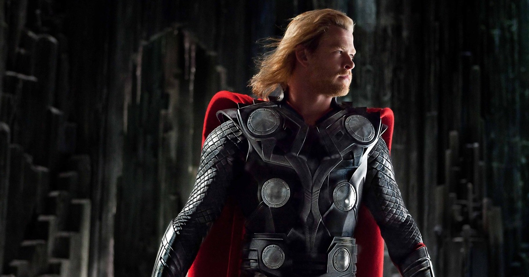 Chris Hemsworth as Thor, looking boldly offscreen, probably at a tennis ball on a stick, in 2011’s Thor