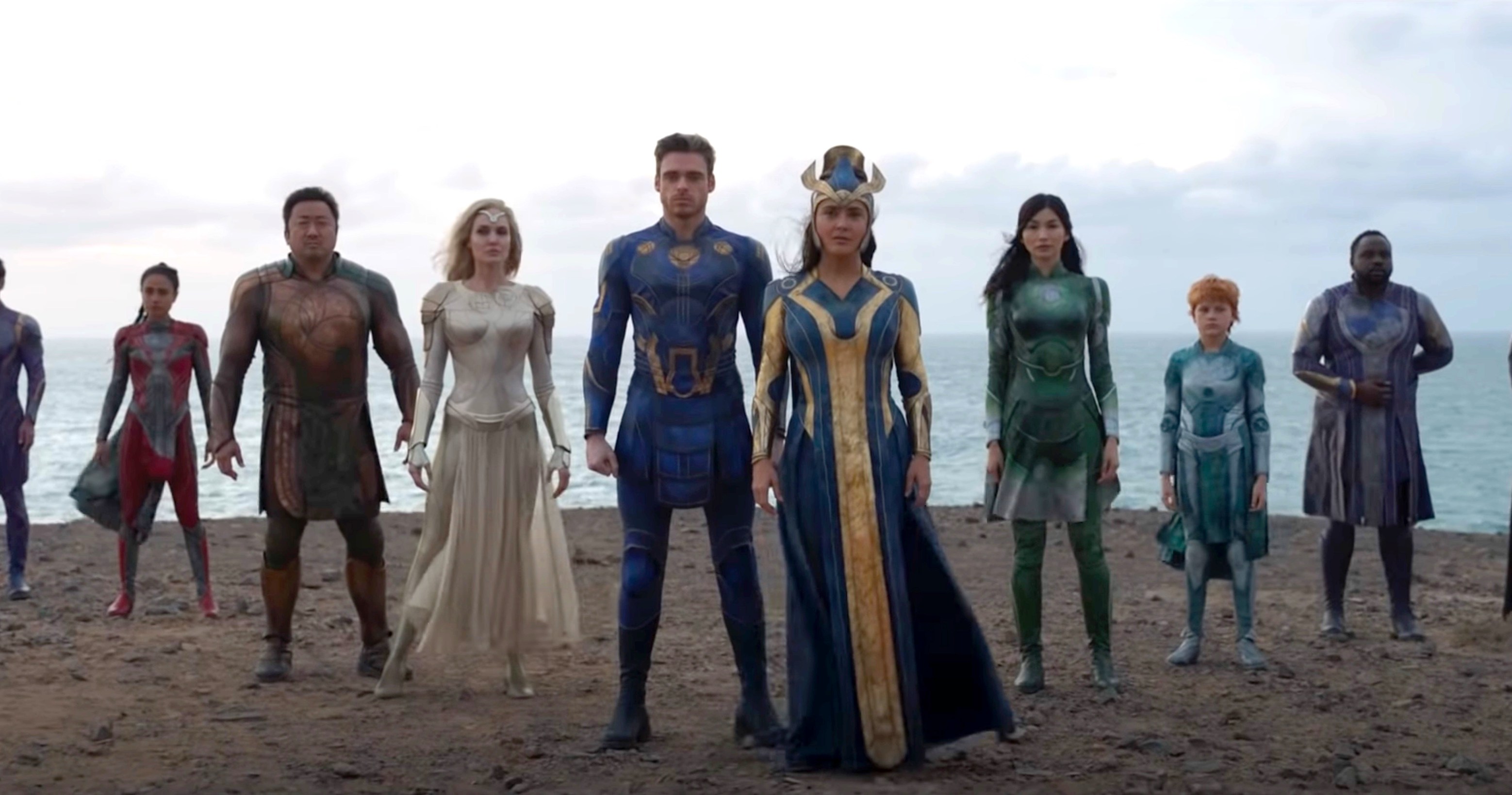 Salma Hayek, Angelina Jolie, Richard Madden, Gemma Chan, Ma Dong-seok, Brian Tyree Henry, Kumail Nanjiani, Lauren Ridloff, Barry Keoghan, and Lia McHugh in Eternals (2021)