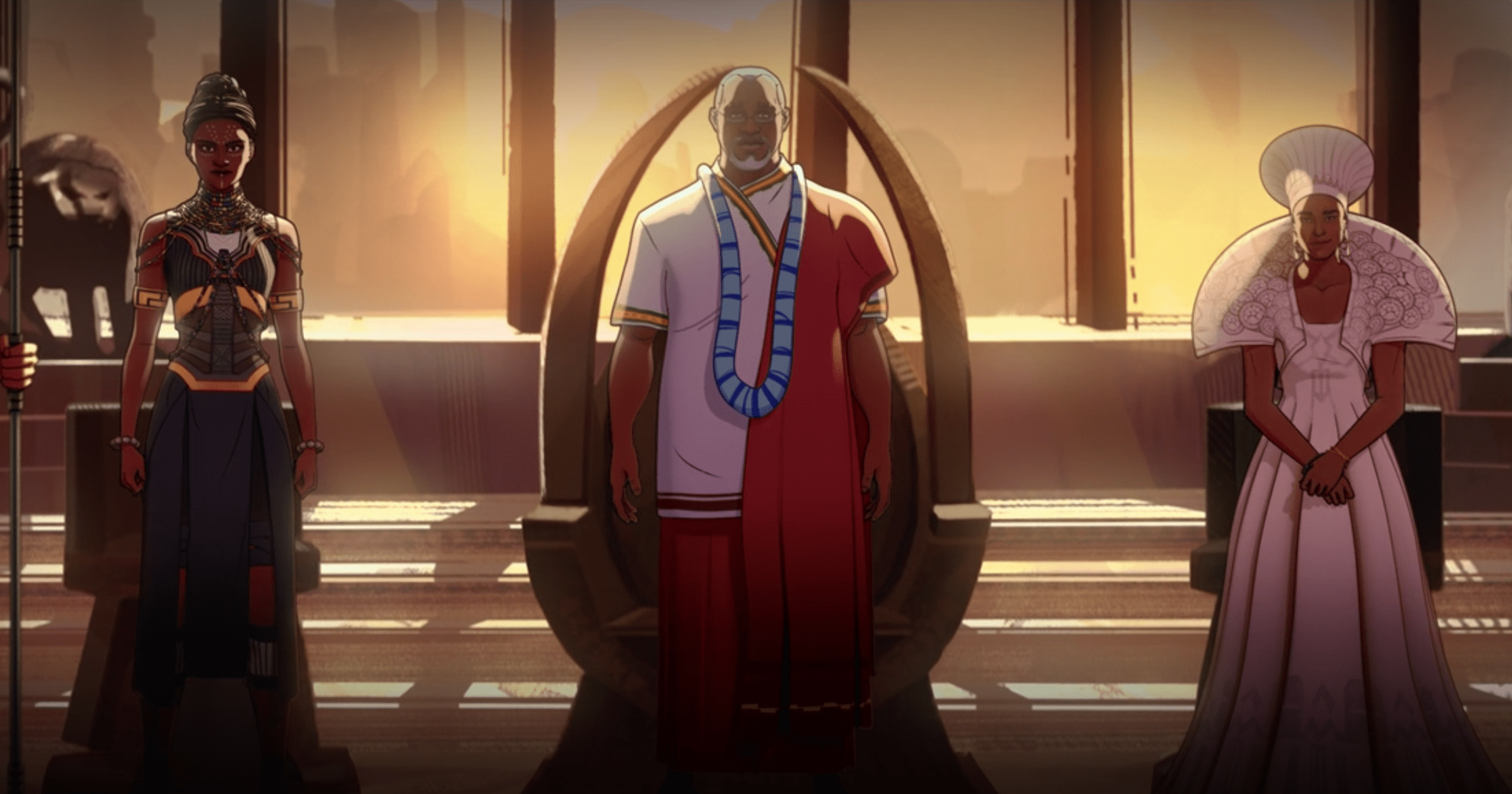 Shuri, T’Chaka, and Ramonda, the royal family of Wakanda in What If...?