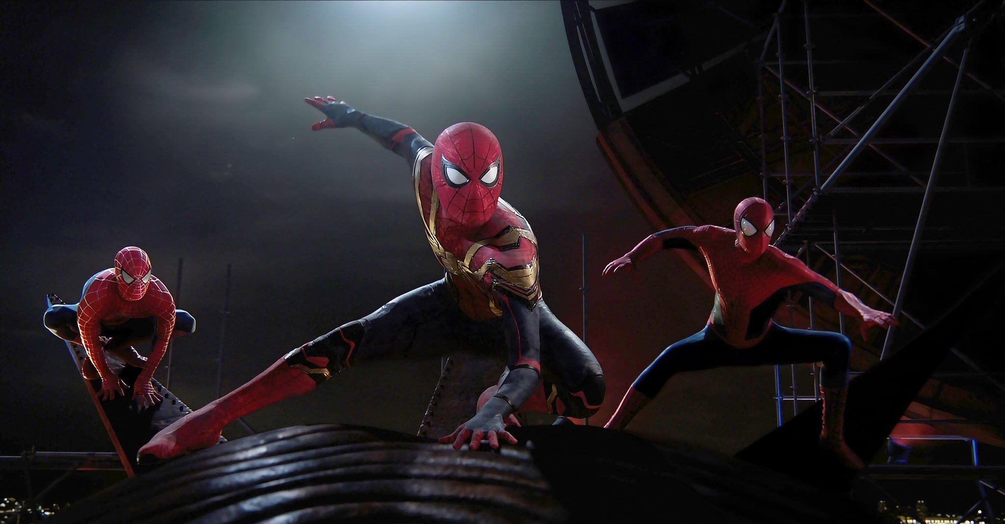 Spider-Man (Tobey Maguire), Spider-Man (Tom Holland), and Spider-Man (Andrew Garfield) in Spider-Man: No Way Home.