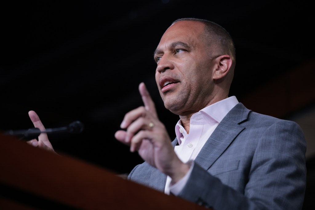 House Minority Leader Hakeem Jeffries speaking at a press conference at the U.S. Capitol on April 28, 2025