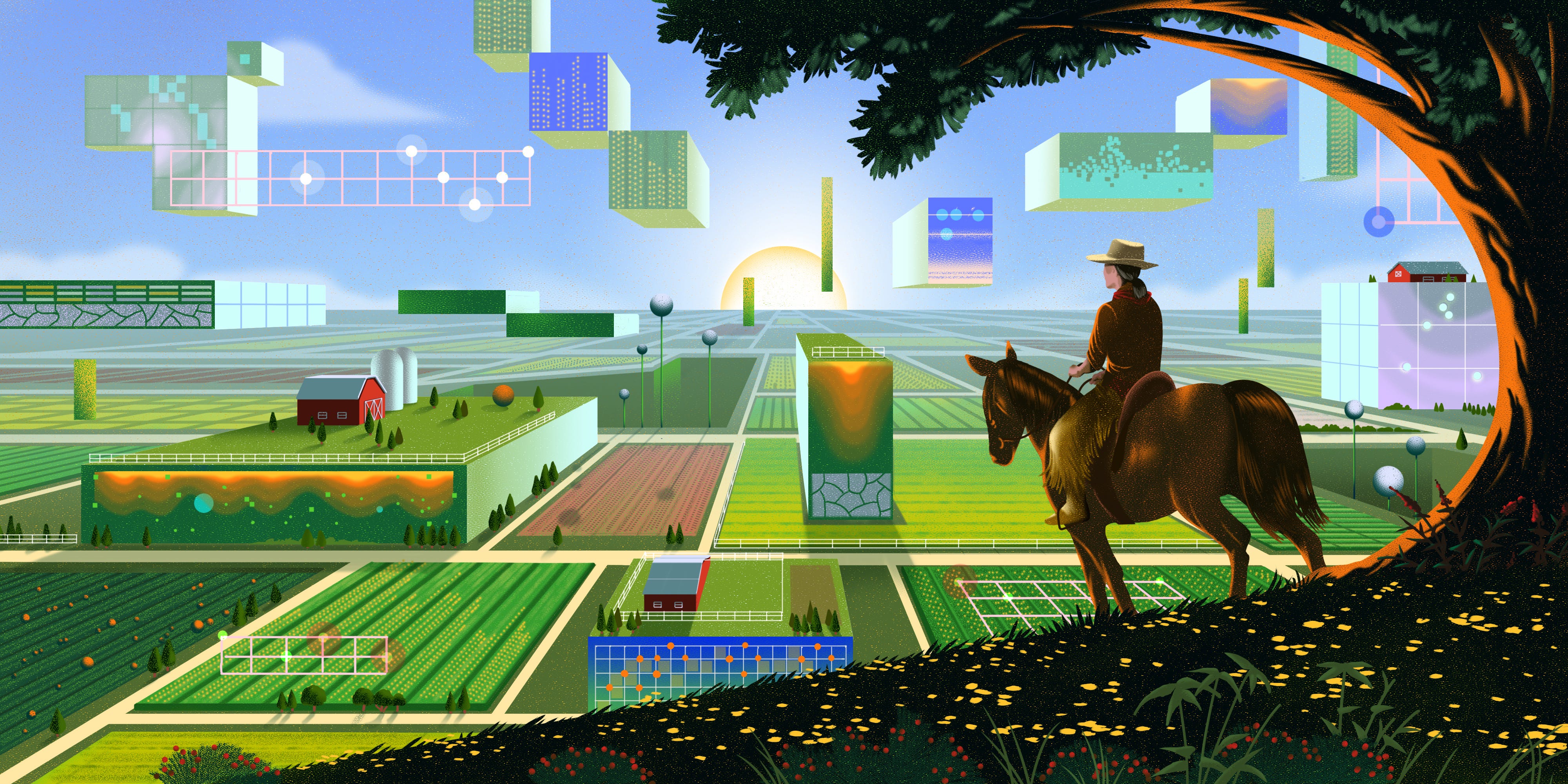 Build IT Illustration of a farmer looking on at farmland shifting into tech-driven directions