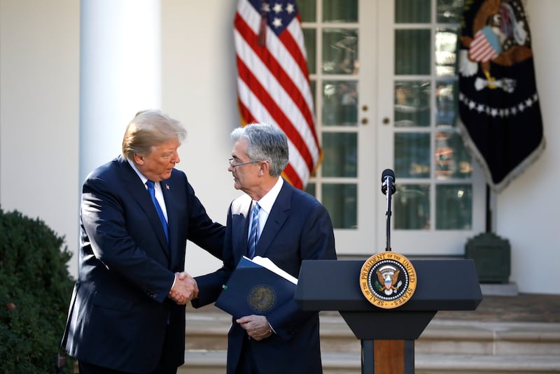 U.S. President Donald Trump shakes hands with Jerome Powell, his nominee to become chairman of the U.S. Federal Reserve at the White House in Washington, U.S., November 2, 2017.