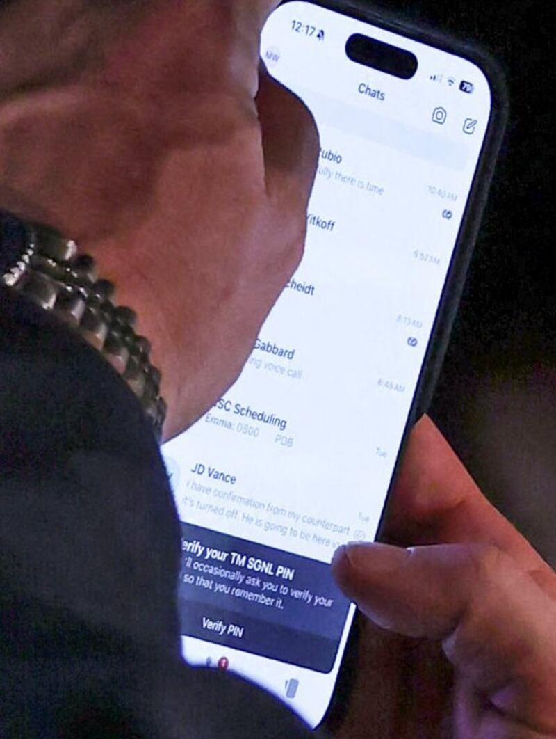 Mike Waltz’s phone during Wednesday’s cabinet meeting at the White House. He was fired the following day.