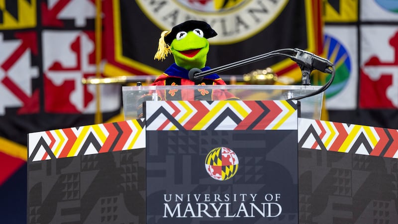 Kermit the Frog delivers the commencement address to graduates of the University of Maryland, in College Park, Maryland, U.S., May 22, 2025. Stephanie S. Cordle/University of Maryland/Handout via REUTERS    THIS IMAGE HAS BEEN SUPPLIED BY A THIRD PARTY