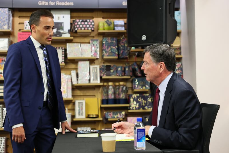 Belisario asks Comey a question at the Barnes & Noble Upper West Side on May 19, 2025