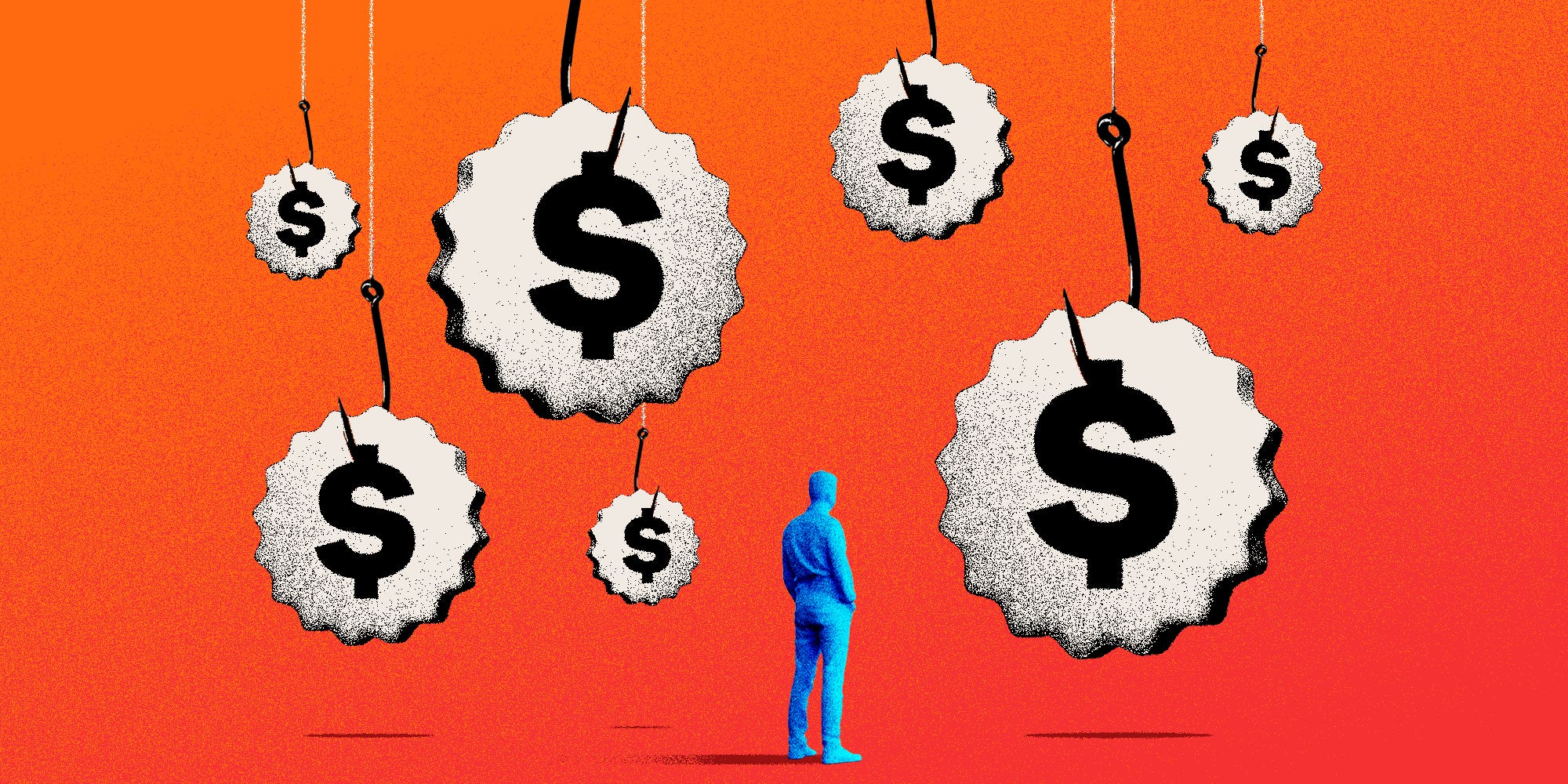 A figure surrounded by hooks holding price tags