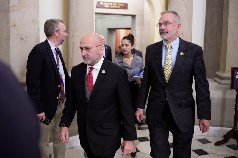 House Freedom Caucus Chair Andy Harris and Rep. Clay Higgins leave Speaker Mike Johnson's office on May 21 as they demand further changes to the Republican mega-bill including on Medicaid.