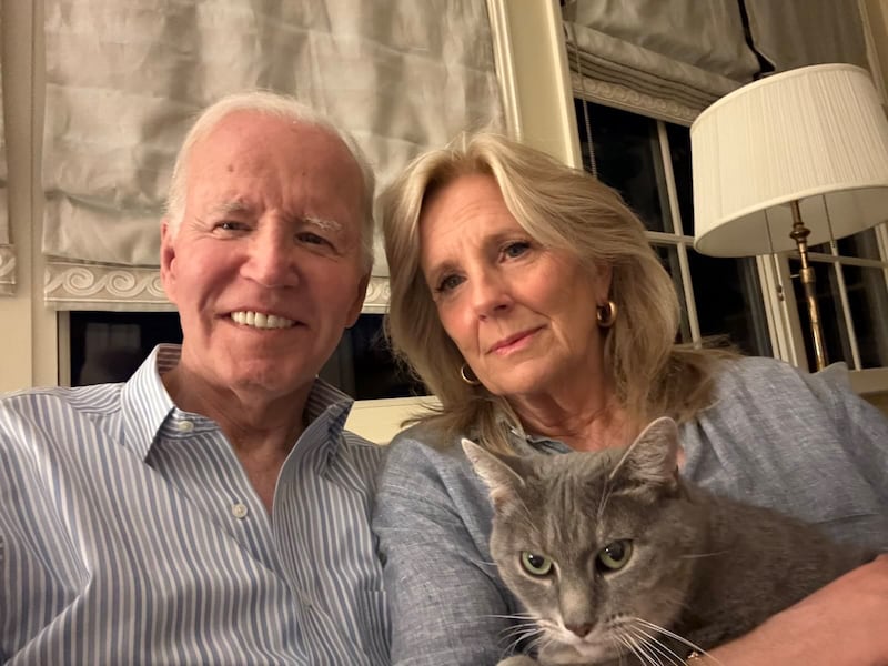 Joe Biden with Jill Biden and a cat, a photo issued in his first statement about his cancer diagnosis.