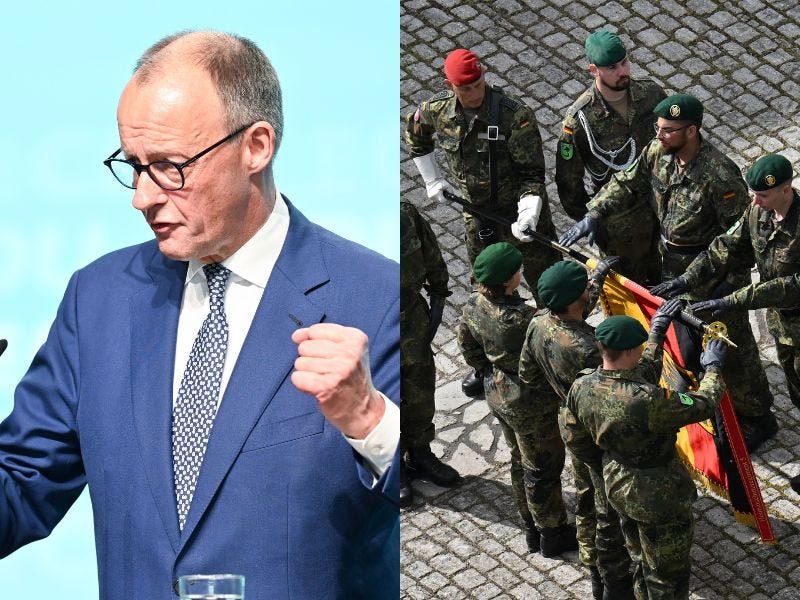 Left: German Chancellor Friedrich Merz.
Right: Soldiers recite the pledge at the first roll call and pledge of the Bundeswehr's Home Guard Regiment 5 in the courtyard of Ehrenstein Castle.