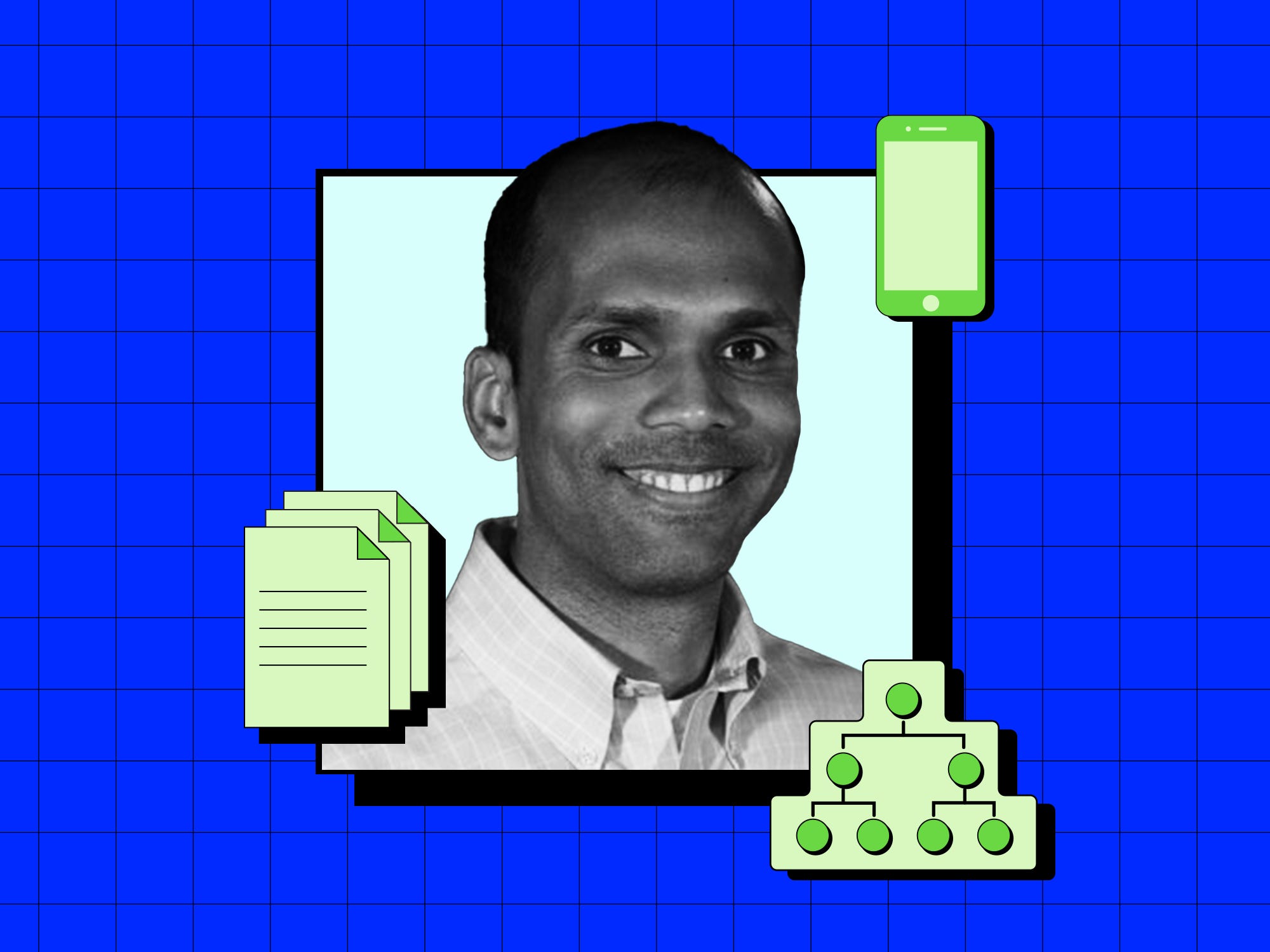 Black-and-white portrait of Gokul Rajaram, a smiling man wearing a light-colored collared shirt, set against a light blue background with a bright blue grid. Green icons surround the image, including stacks of documents, a smartphone, and an organizational chart