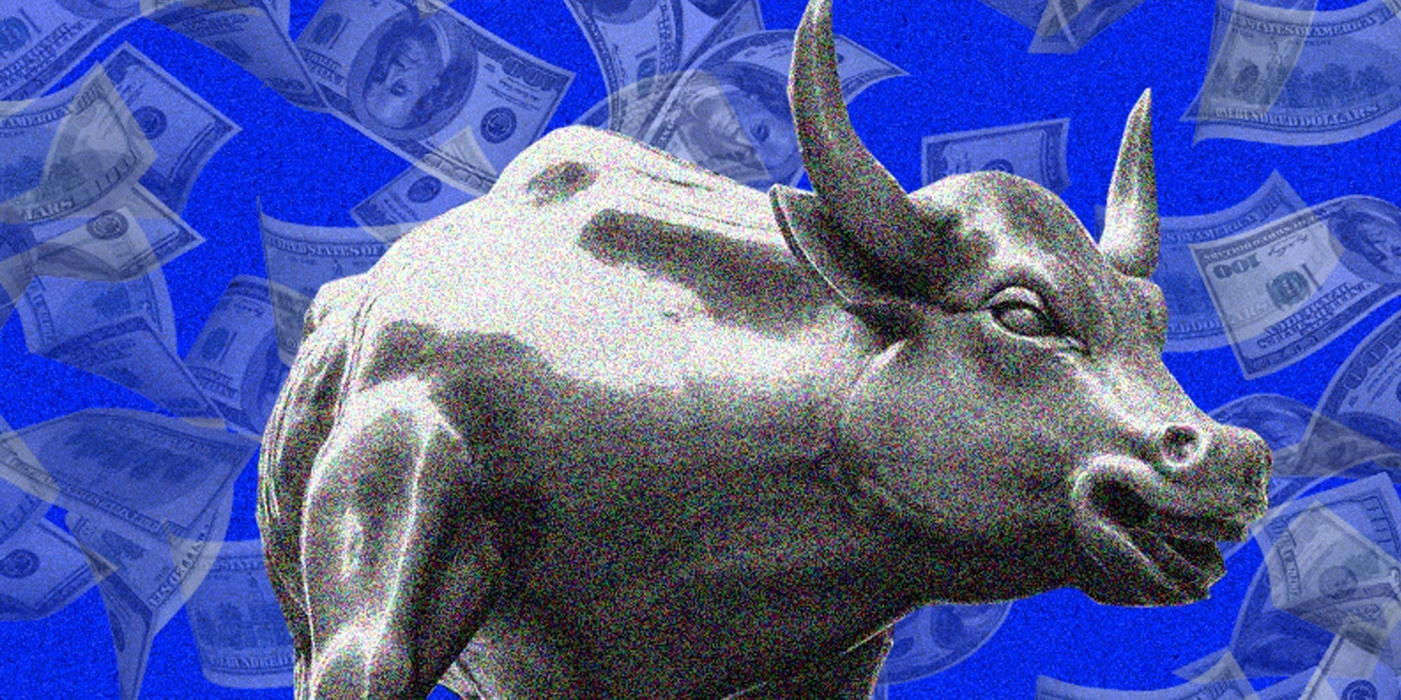 wall street bull with illustration of cash floating behind