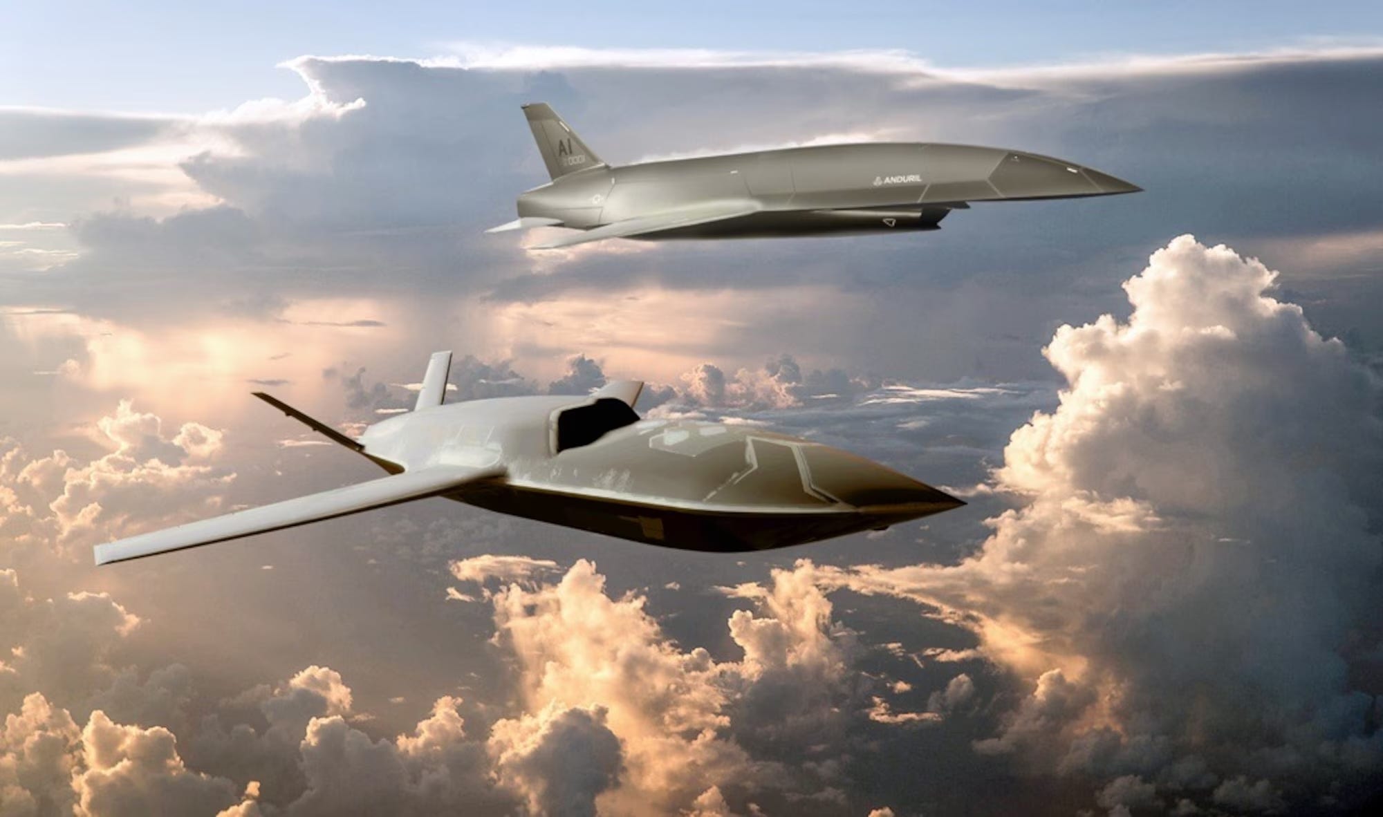Concept renderings show the uncrewed fighter aircraft YFQ-42A and YFQ-44A in flight.