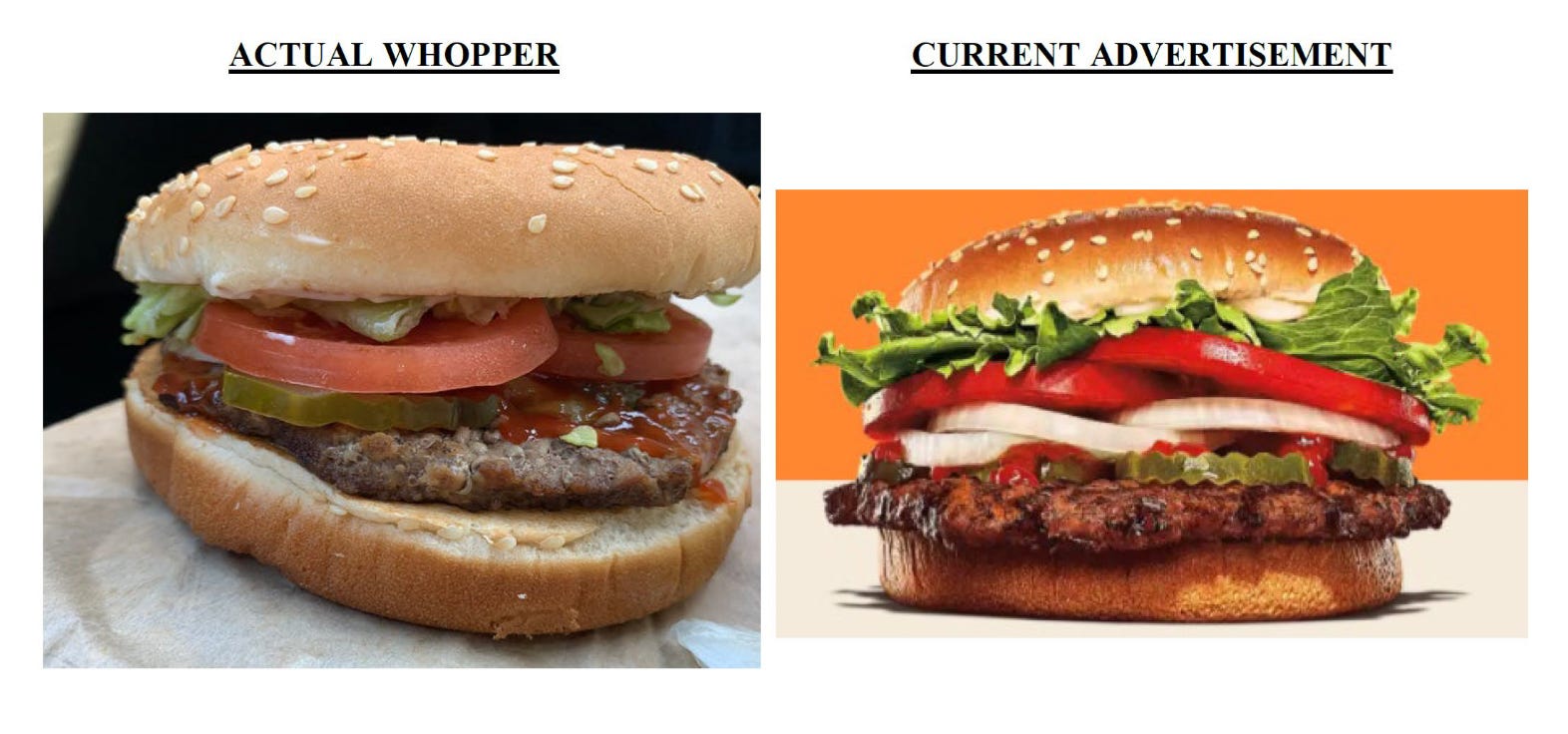 A lawsuit photo showing a Whopper next to an advertising photo.