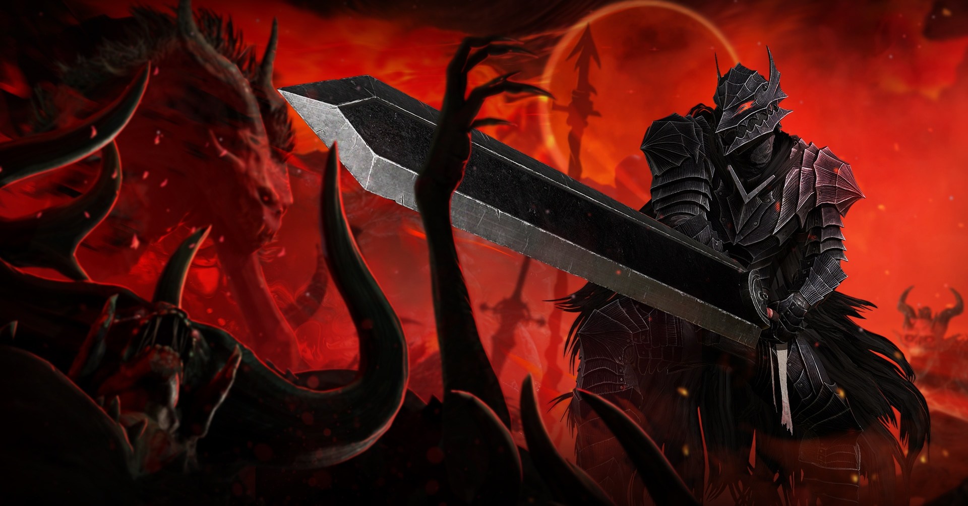Concept art for the Diablo 4/Diablo Immortal limited-time crossover with Berserk, featuring a character wearing Guts’ Berserker armor and wielding a large sword.