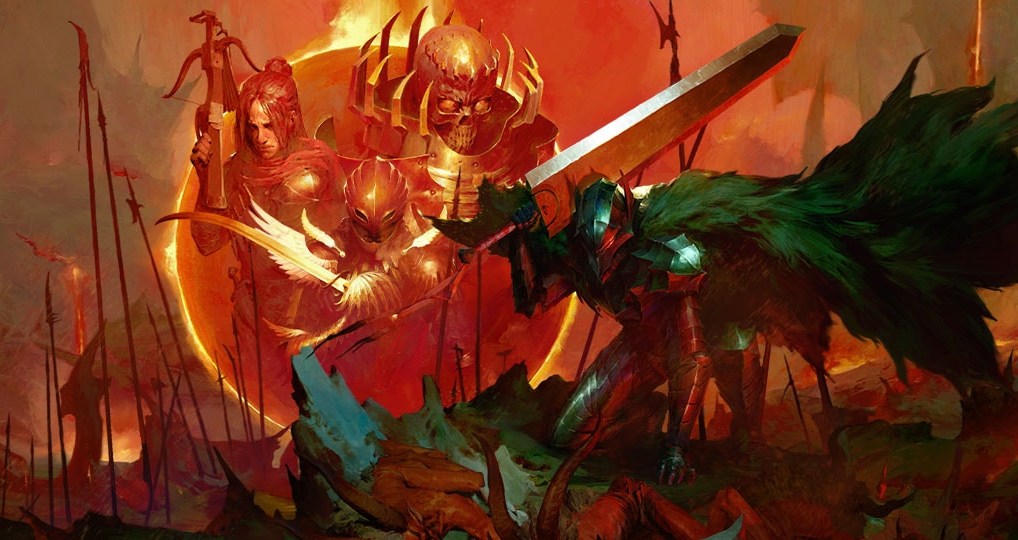 Promotional art for the Diablo 4/Diablo Immortal limited-time crossover with Berserk, featuring a mosaic of characters inspired by Berserk.