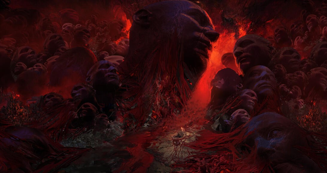 Concept art for the Diablo 4/Diablo Immortal limited-time crossover with Berserk, featuring a bloody landscape decorated with mountains resembling human faces.