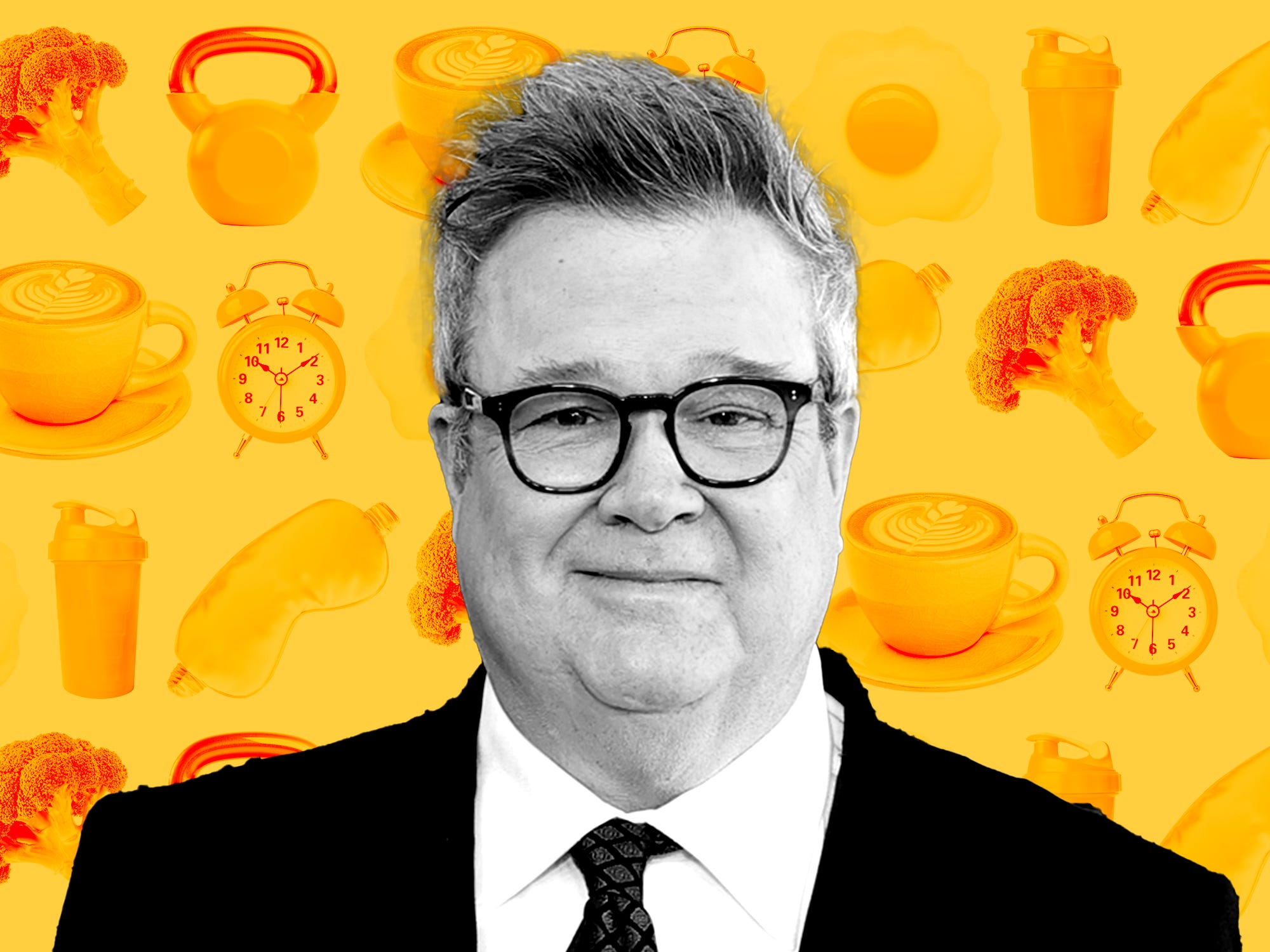 Headshot of Eric Stonestreet on a yellow background with icons of weights, food, coffee and morning icons