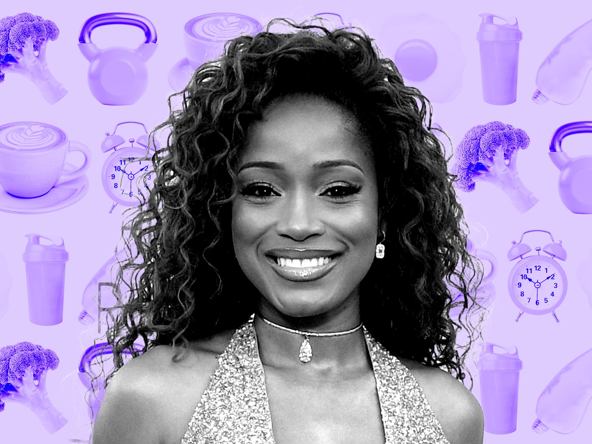 Profile image of Keke Palmer on a purple background with icons such as breakfast foods, alarm clock and workout equipment