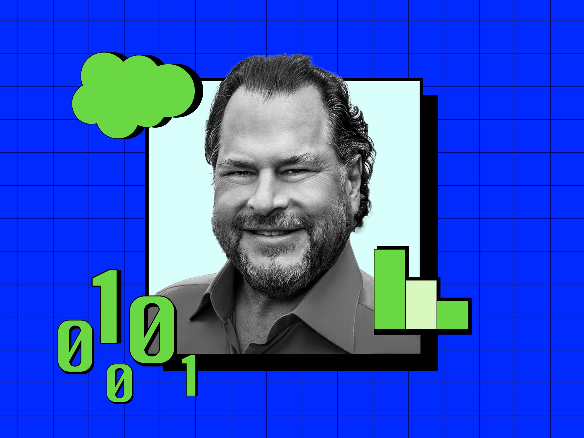 Black and white portrait of Marc Benioff, smiling, set against a blue grid background with a light blue frame. Surrounding him are green icons including a cloud, binary code (0s and 1s), and a bar chart