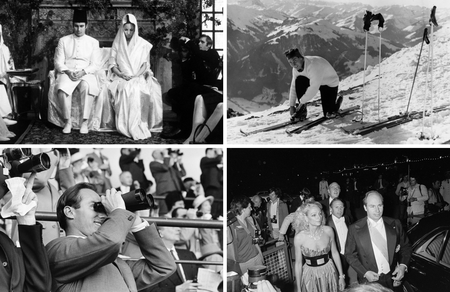A grid of four black-and-white historic photos shows the Aga Khan IV in the first photo bowing his head in traditional white clothing seated next to his wife, in the second photo fastening a ski on a ski slope, in the third in formal wear next to a blonde woman, and in the fourth looking through binoculars and smiling.