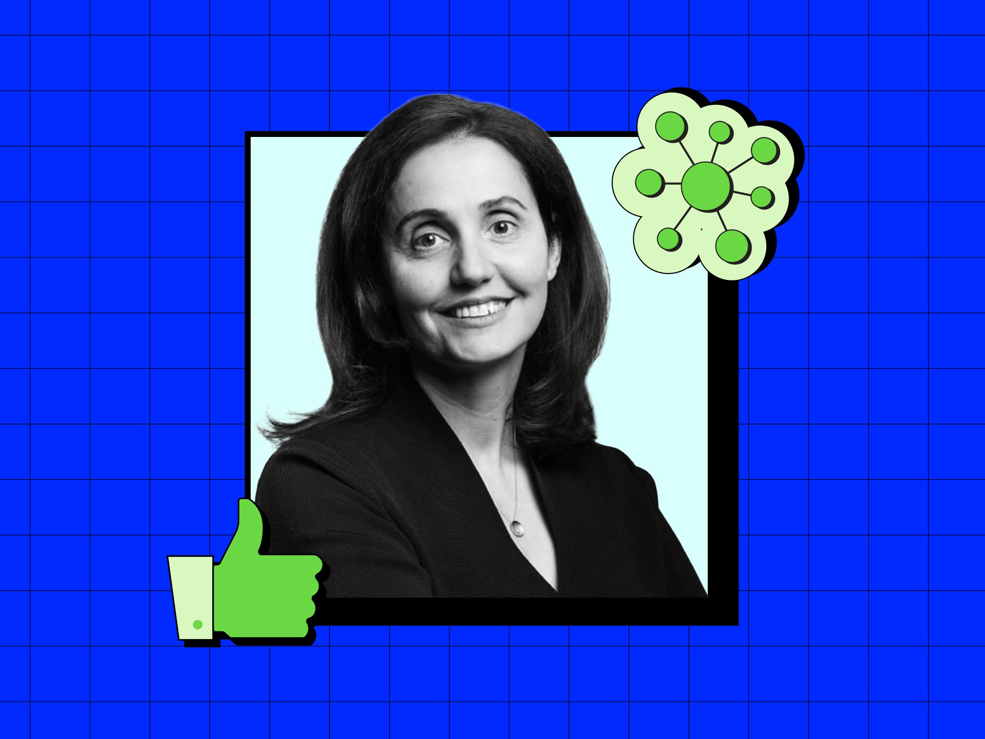Black-and-white portrait of Rudina Seseri set against a light blue background with a bright blue grid. Surrounding the image are green icons, including a thumbs-up and an ai icon