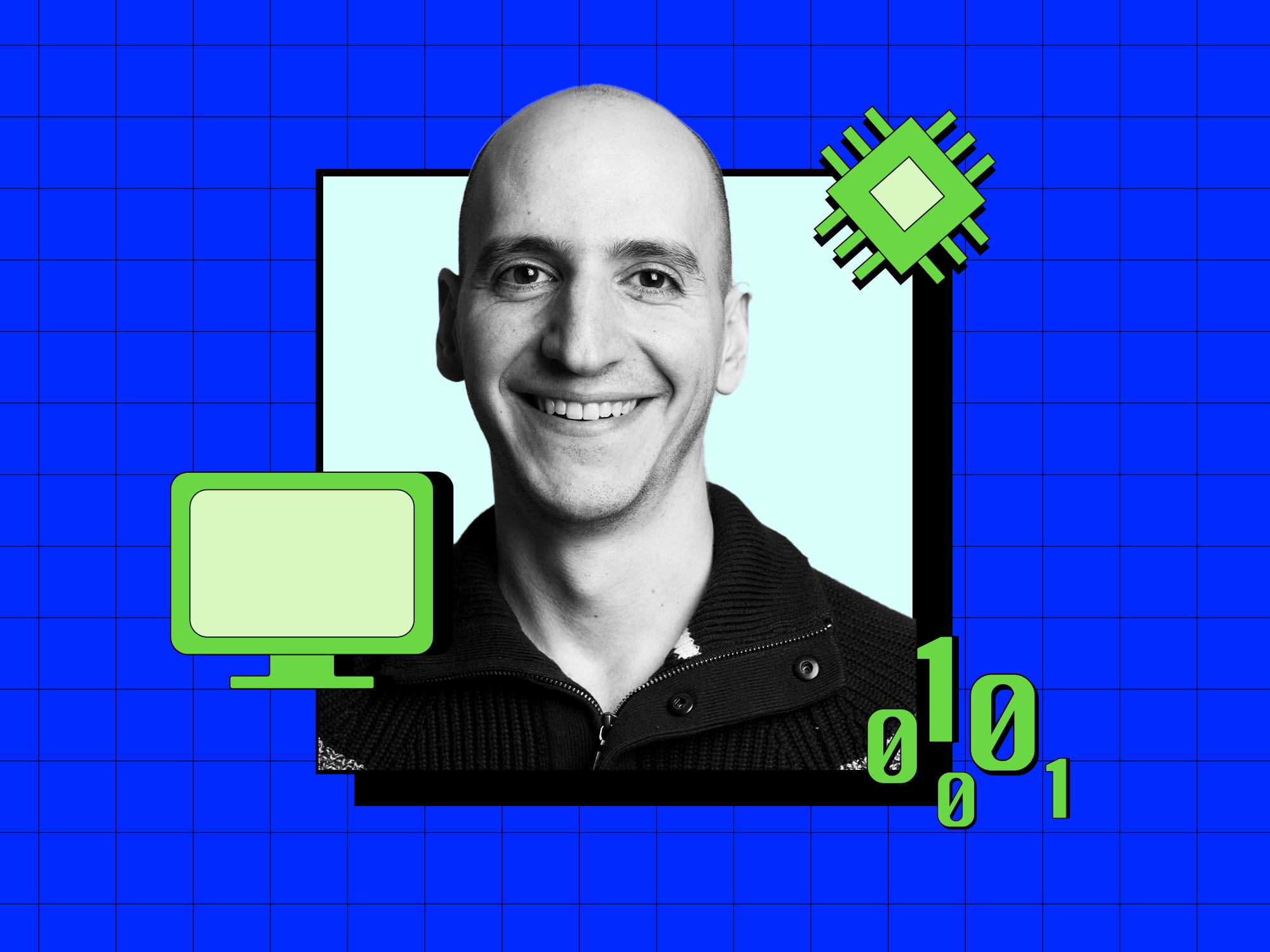 Black-and-white portrait of Jake Ellowitz, a smiling bald man wearing a dark zip-up sweater, set against a light blue background with a bright blue grid. Surrounding him are green tech-themed icons, including a computer monitor, a microchip, and binary code (0s and 1s)